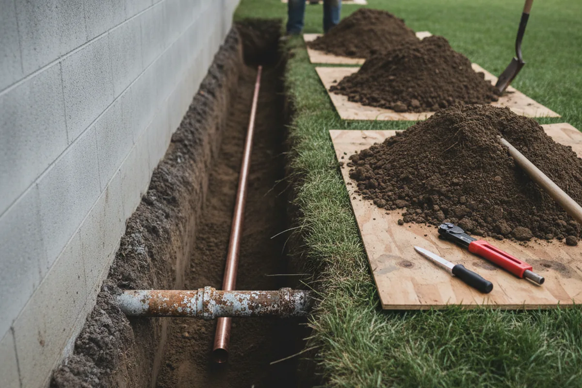 Excavated water line trench during Sewer Line Repair in Schurz